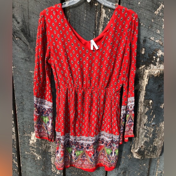 2/$25 Live 4 truth Red Paisley Print Fall Boho Mini Dress Small - Picture 5 of 8